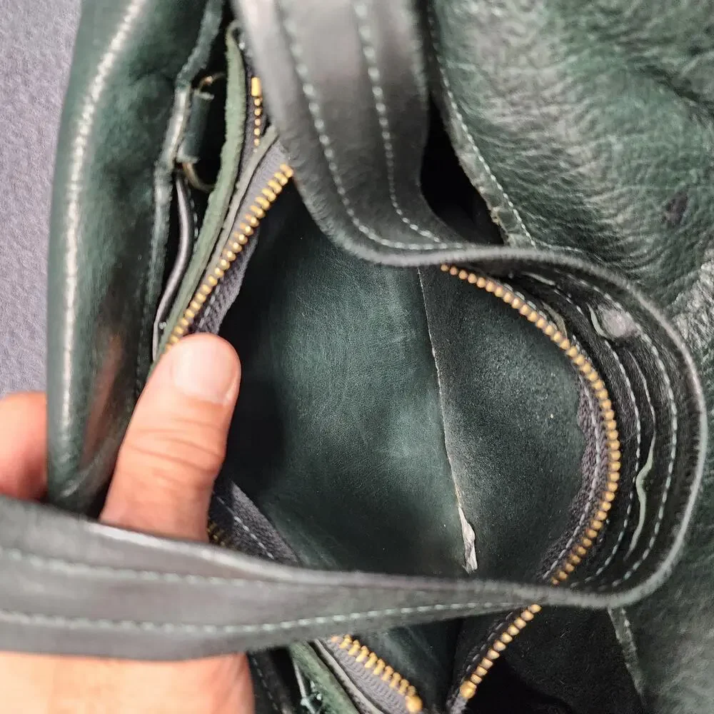 Leather Shoulder Bag Womens Dark Green Flap Pocket Zip Compartments Medium Purse